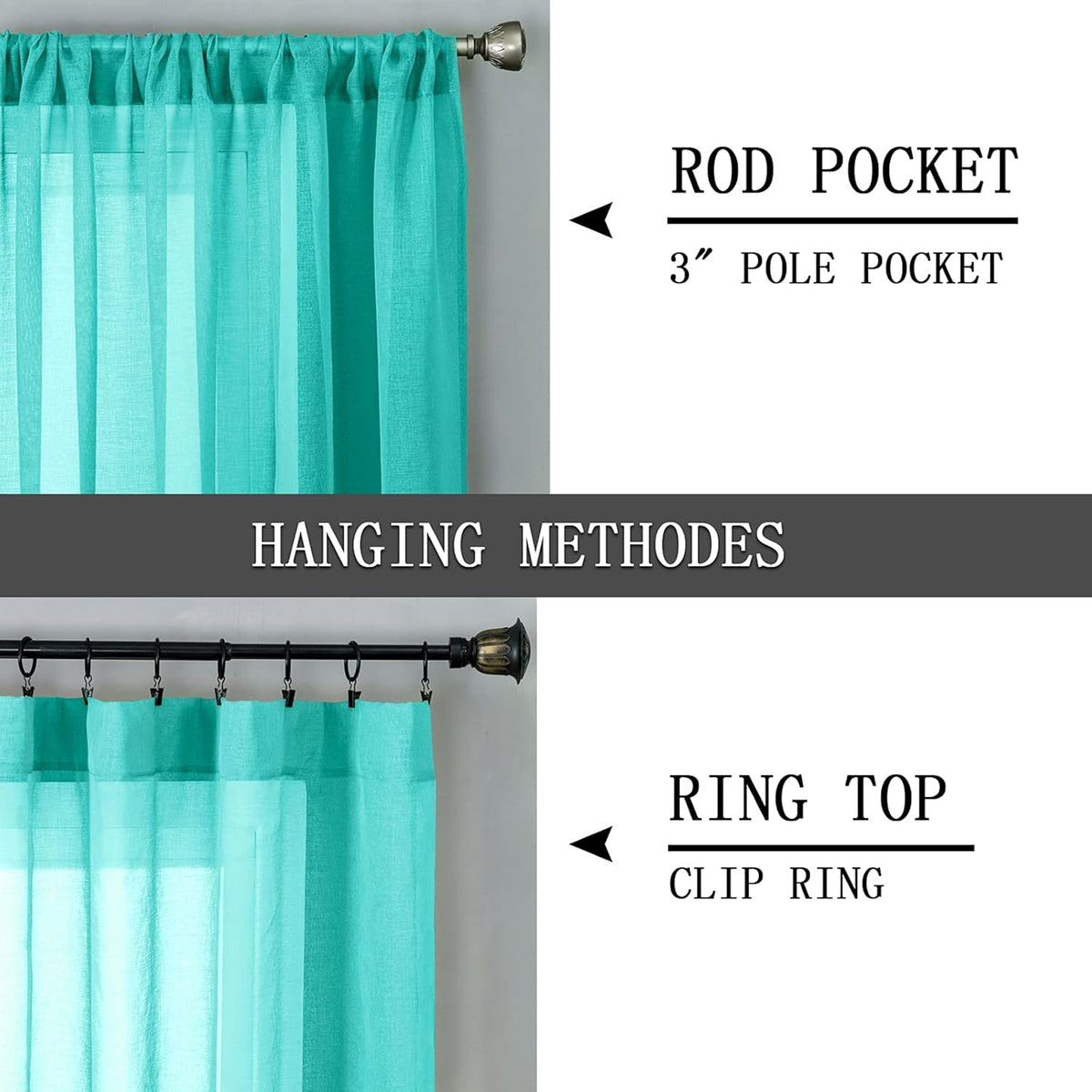 Tollpiz Short Sheer Curtains Linen Textured Living Room Curtain Sheers Light Filtering Rod Pocket Voile Curtains for Bedroom, 42 x 45 inches Long, Aqua Blue, Set of 2 Panels