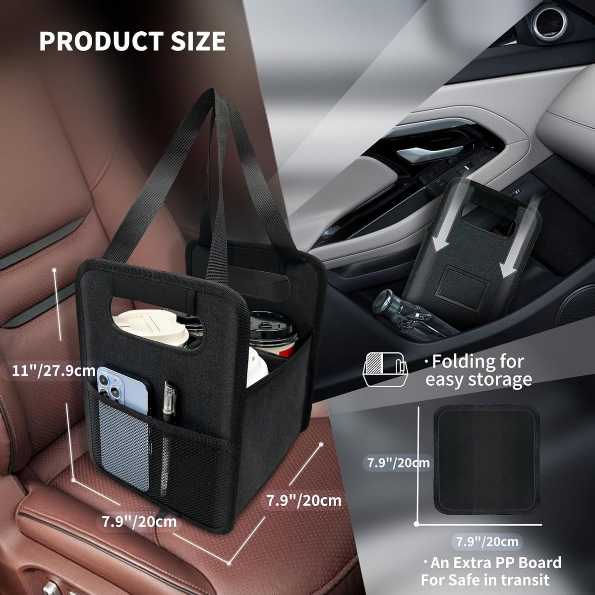 Skiennix Reusable 4-Cup Drink Carrier - Insulated Caddy with Adjustable Dividers | Foldable Black Holder for Hot & Cold Beverages