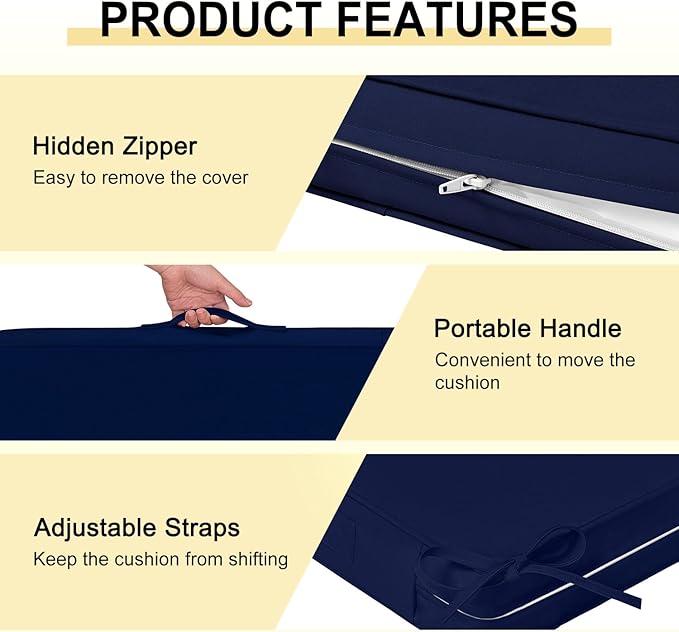 downluxe Waterproof Outdoor Chair Cushions for Patio Furniture, 19" x 19" x 2" Patio Chair Cushion with Adjustable Ties & Portable Handle, Square Outdoor Cushion with Removable Cover, Navy, 2 Pack