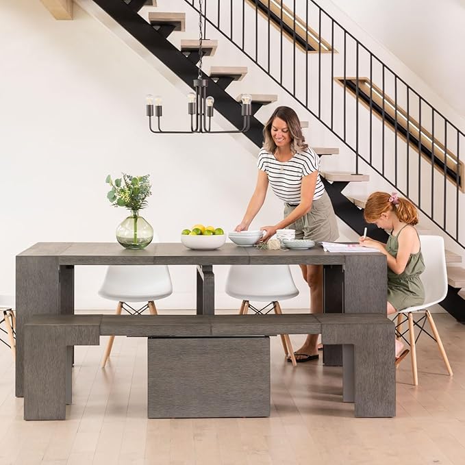 Transformer Table - Solid Wood Extendable Dining Table, Seats 2-12, Expandable Dining Room Table, Space-Saving Furniture, Kitchen and Dining Room Furniture (Dark Grey, Table + Bench)