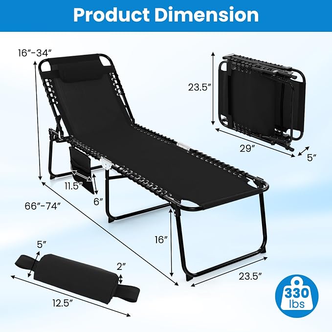 GYMAX Lounge Chairs for Outside, Extra High Folding Beach Tanning Lounger with Adjustable Backrest, Footrest & Removable Pillow, Sunbath Lounge for Patio, Lawn, Poolside (2, Black with Side Pocket)