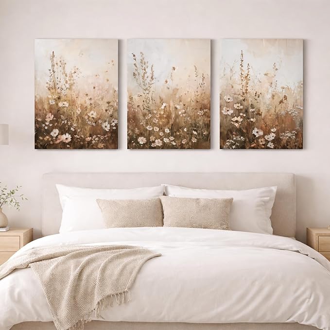 CHTEXA Wildflower Wall Art Canvas Set of 3, Rustic Neutral Botanical Prints