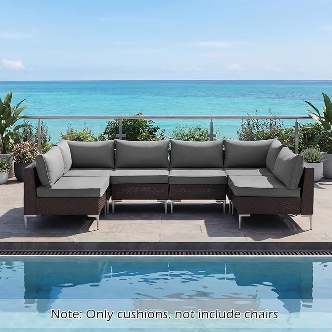 HOMREST 4" Thick Outdoor Replacement Cushions, Water-Resistant Patio Seat Cushions 25x25, Non-Slip 14-Piece Set for 6-Seat Rattan Wicker Sectional Sofa,Gray