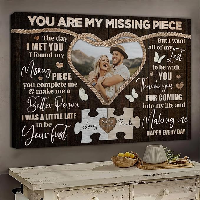 Dem Canvas Personalized Couple Canvas, Custom Photo And Name, You Are My Missing Piece, Wedding Gifts For Couple Anniversary Wedding Engagement Gift For Couples Canvas (24x16)
