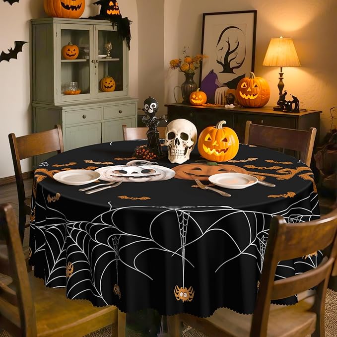 Eikione Round Halloween 60In Tablecloth, Spider Haunted House Decorative Table Cloth, Waterproof and Washable Fabric Table Cover for Party Kitchen Dining Room