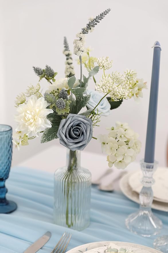 Blue Artificial Flowers Combo Box Set Gradient Color Flower Leaf with Stems for DIY Wedding Bouquets Centerpieces Baby Shower Party Home Decorations