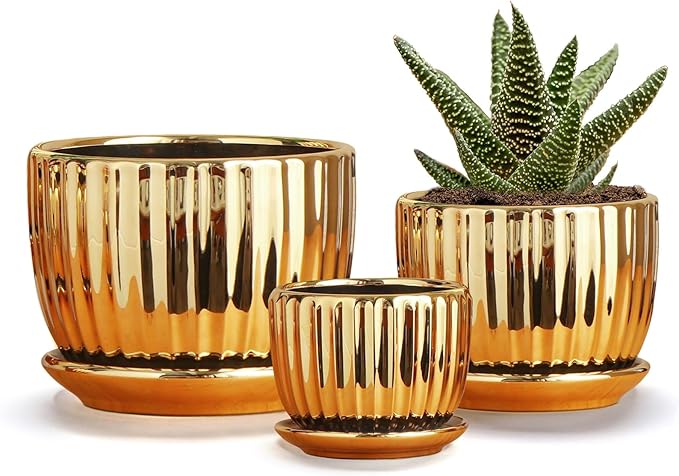 Ton Sin Gold Plant Pots,4.1+5.1+6.5 Inch Ceramic Succulent Planters Set of 3,Indoor Flower Pot with Drainage,Handmade Decorative Ceramic Orchid and Herb Pots(Gold)