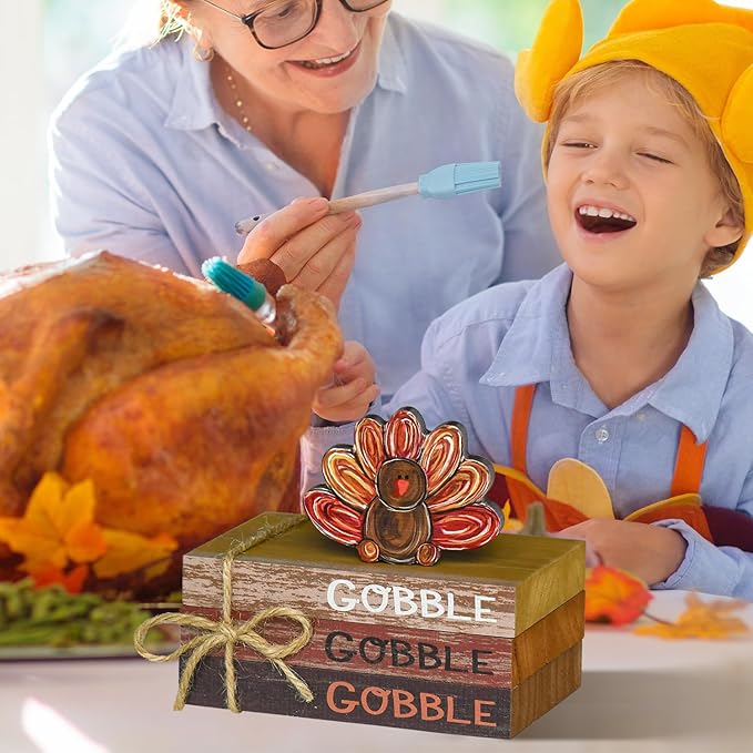 Smile Thanksgiving Wooden Decor Indoor, Turkey Decor Gobble Faux Books Bundle, Thanksgiving Table Tiered Tray Kitchen Decorations