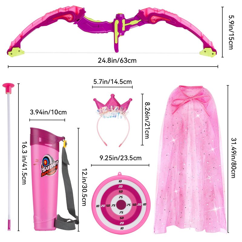 Bow and Arrow for Kids, LED Light Up Archery Set with Princess Cape and Crown, 10 Suction Cup Arrows, Target & Quivers, Outdoor Toy for Girls Aged 3-8, Birthday Gifts Toys for 4 5 6 7 8 Year Old