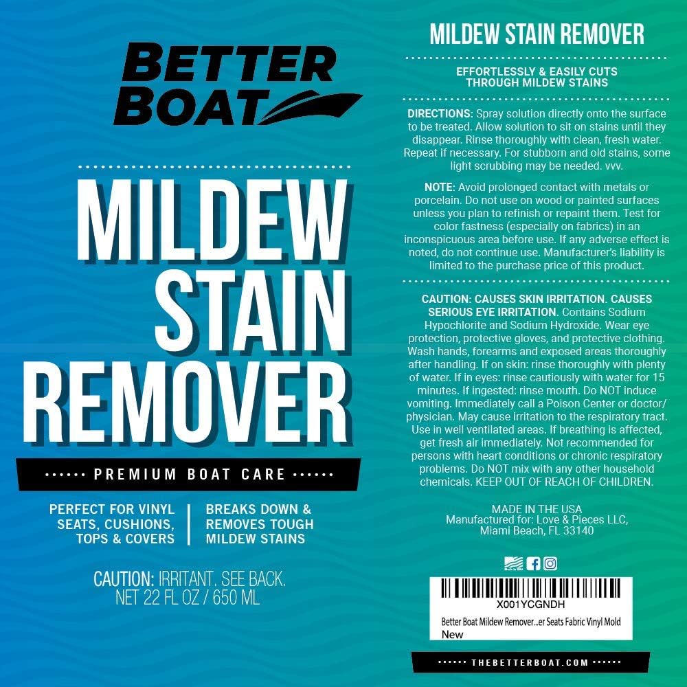 Better Boat Mold and Mildew Stain Remover - 22oz Spray for Fabric, Vinyl, Tile & Grout Cleaning