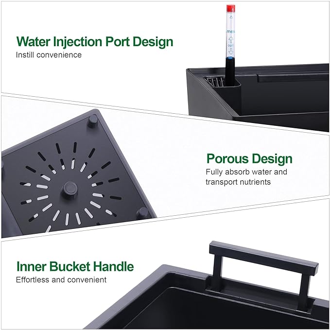 2 Pack Tall Self-Watering Planter Pots with Water Level Indicator, 12"l x 12"w x 22.5"h, Modern Flower Pots with Inner Bucket Handles and Water Injection Port for Indoor Outdoor Plants, Black