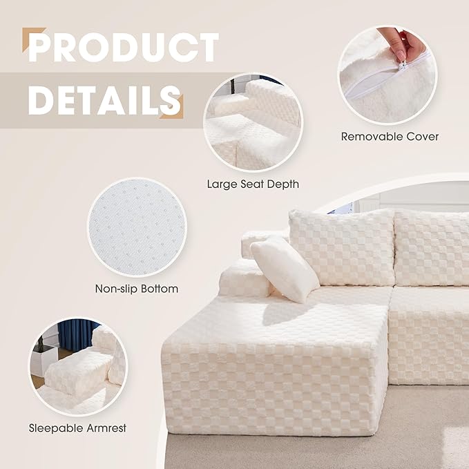 Hobestluk Modular Sectional Sofa Couches L-Shape Couch 3 Seat Modular Sofa Memory Foam Sectional Couches for Living Room, Cloud Couch with Oversized Chaise (96" Left Facing Chaise)