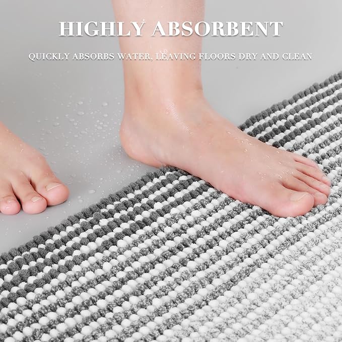 BSICPRO Bathroom Rugs and Mats Sets, 2 Piece Thick Absorbent Chenille Bath Mat Rug Set Non Slip, Soft Shaggy Room Floor for Bathroom, Machine Washable (20" x 32" Plus 16" 24", Gray)