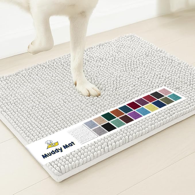 Muddy Mat® | Super Water Absorbent Door Mat Indoor, Microfiber Quick Dry Chenille Entryway Rug, Slip Resistant Front Door Mat, Indoor Mats for Entryway, Machine Washable Pet Rug, White 30"x19"
