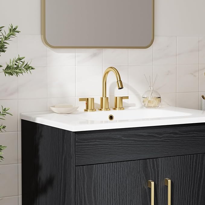 Phiestina Pull Down Sprayer Brushed Gold 8 Inch Bathroom Sink Faucet, 2 Handles 3 Hole Widespread Pull Out Bathroom Faucet，with Pop Up Drain and Water Supply Line,BF04022-K01-BG