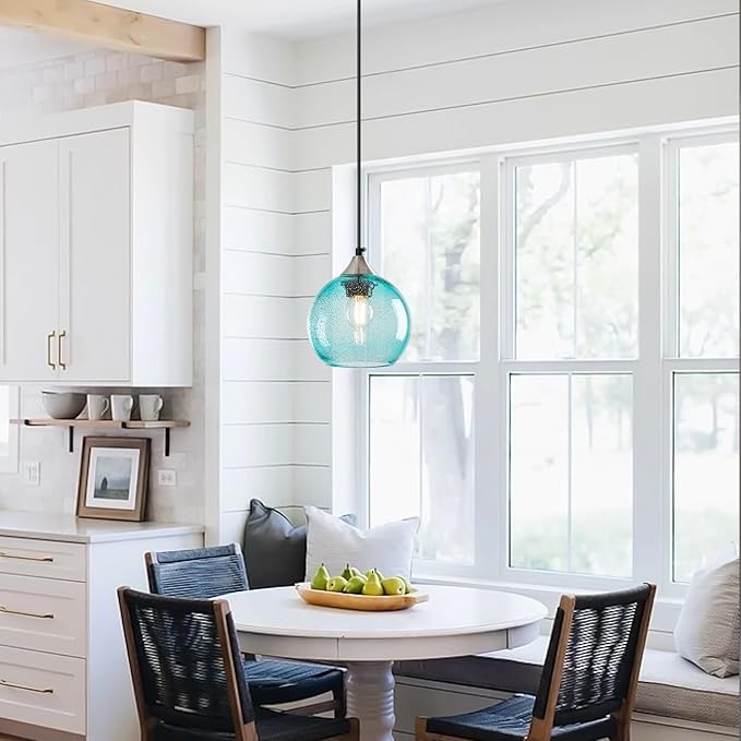 Light Blue Glass Pendant Lights Kitchen Island Globe Pendant Light Fixtures Modern Pendant Lighting for Bedroom Living Dining Room Light Fixture (5.9 in, 3 Pack)
