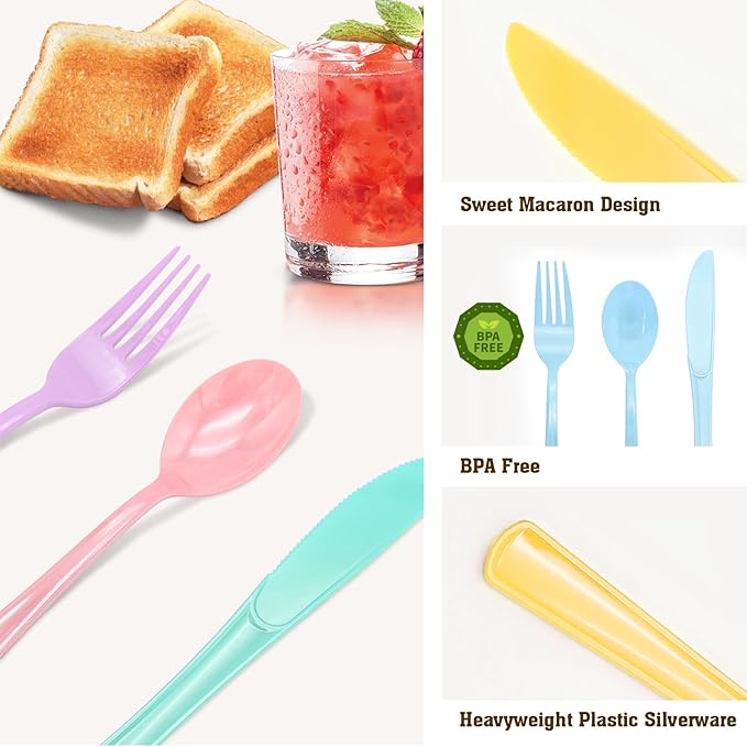 150 Pcs Pastel Plastic Silverware Heavy Duty Iridescent Utensils Plastic Pastel Silverware Disposable Includes 50 Forks 50 Knives 50 Spoons for Easter, Birthday, Baby Shower, Garden Party, Wedding