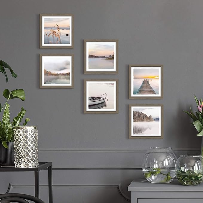 Framed Lake Photo Wall Art: Modern Warm Bright Landscape Painting Relaxing Various Mountain Water View Prints Frames Natural Foggy Forest Gallery Artwork 6 Pieces Small Sunrise Picture for Bedroom