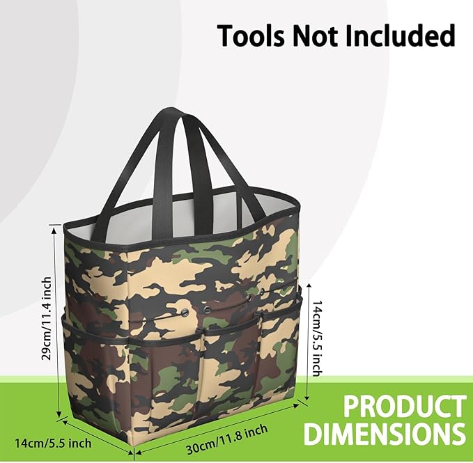 Green Camo Garden Tool Bag - Waterproof Garden Tote with 8 Pockets, Large Storage Home Organizer Gardening Tool Oxford Bag for Garden Tools Kits Holder, Ideal Outdoor Gardening Gift for Women & Men