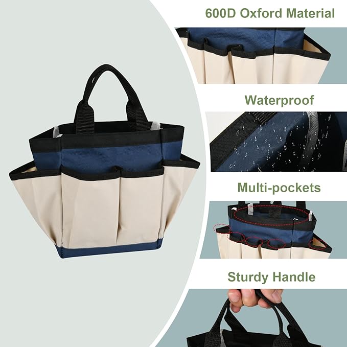Small Garden Tool Bag Waterproof Gardening Hand Tool Storage Bag Heavy Duty Oxford Tote Organizer Bag with 8 Pockets, Garden Utensil Handbag for Women Men (Beige)