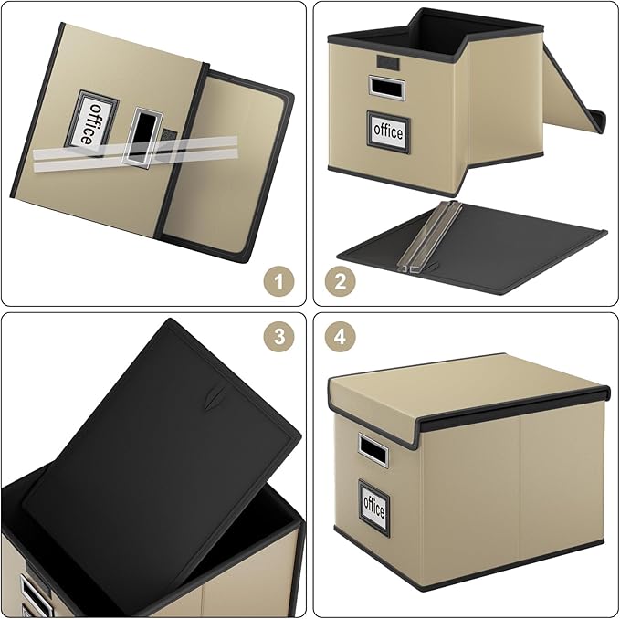 Huolewa File Organizer Boxes with Lids, Collapsible Faux Leather Hanging File Folder Box Organizer with Plastic Slide, Decorative Home/Office Filing System Boxes for File and Folders Storage