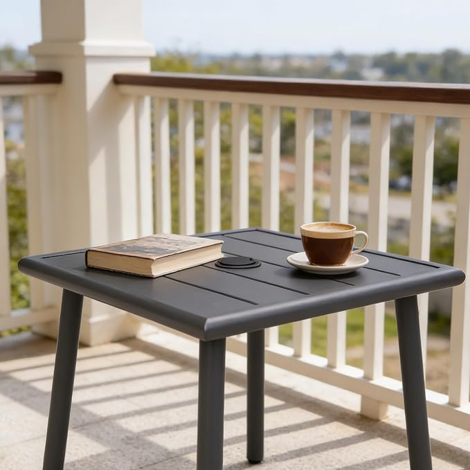 Small Metal Outdoor Side Table with Umbrella Hole, Sqaure Patio Coffee Bistro Table End Table, Umbrella Table with Hole for Poolside Backyard Porch Deck Balcony,19.7x19.7 inches, Gray