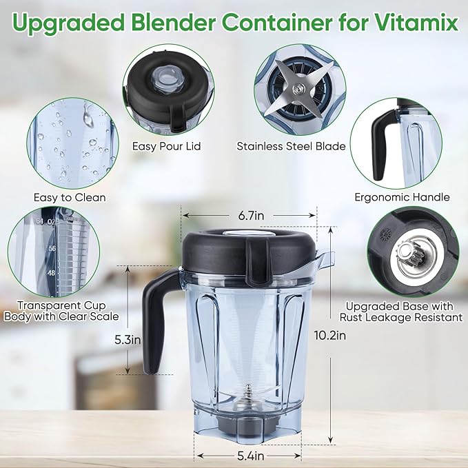 For Vitamix Blender Pitcher 64oz Low-Profile, Replacement Pitcher Container Jar Cup for Vitamix 750, 5200, 5000, 6300, 7500, A3500, Vm0102, Vm0103, Vm0197, E310 Classic/Explorian/Commercial Series