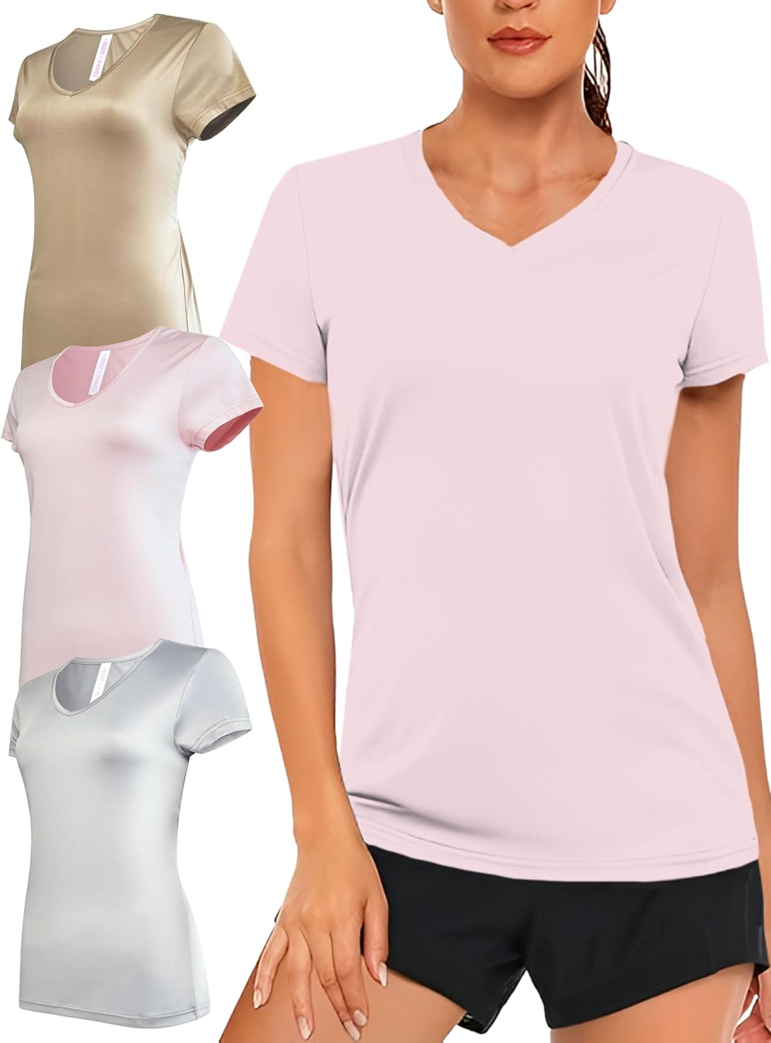 Skiennix Women's V-Neck Activewear T-Shirts - 3 Pack of Dry Fit Gym & Yoga Tops