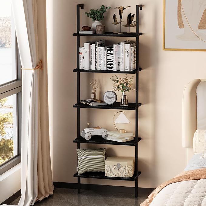 aboxoo Ladder Shelf Open 5-Tier Bookshelf Wall-Mounted Black Wood Bookcase