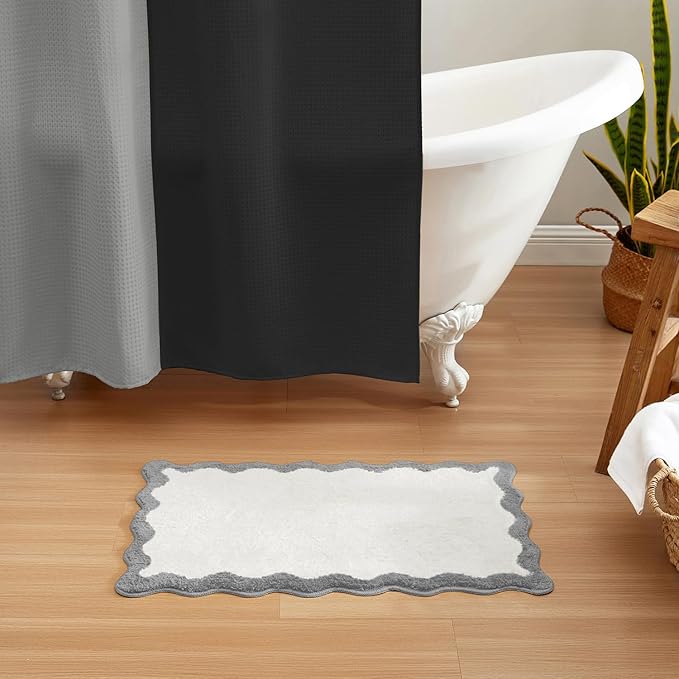 MONDAY MOOSE Bath Mat with Scalloped Wavy Ripple Design, Microfiber Absorbent Non Slip Tufted Rug for Floor, Shower or Kitchen (16x24 inch, Gray)