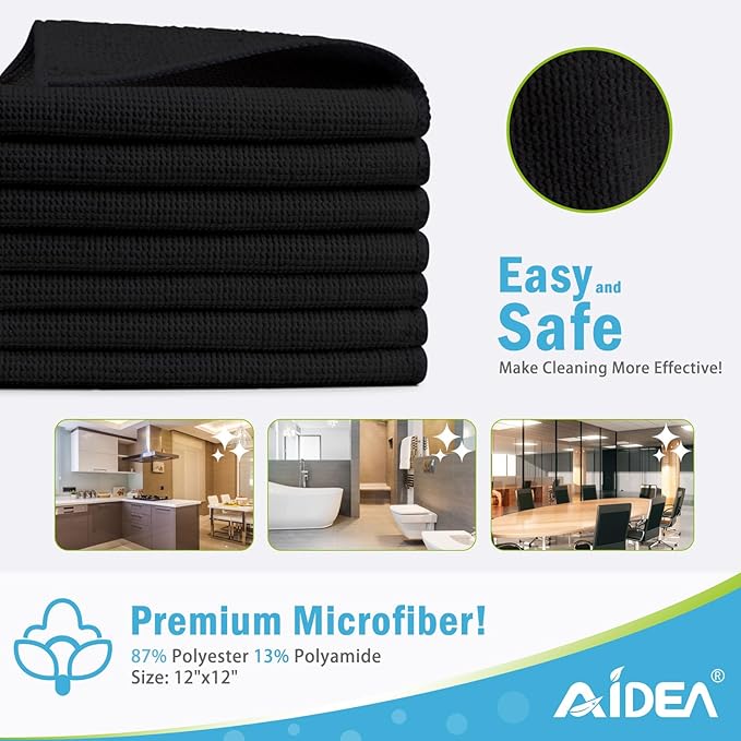 AIDEA Microfiber Cleaning Cloth-24PK, Soft Microfiber Towels for Cars, Absorbent Cleaning Rags, Lint-Free Streak-Free Wash Cloths for House, Kitchen, Window(12in.x12in), Black