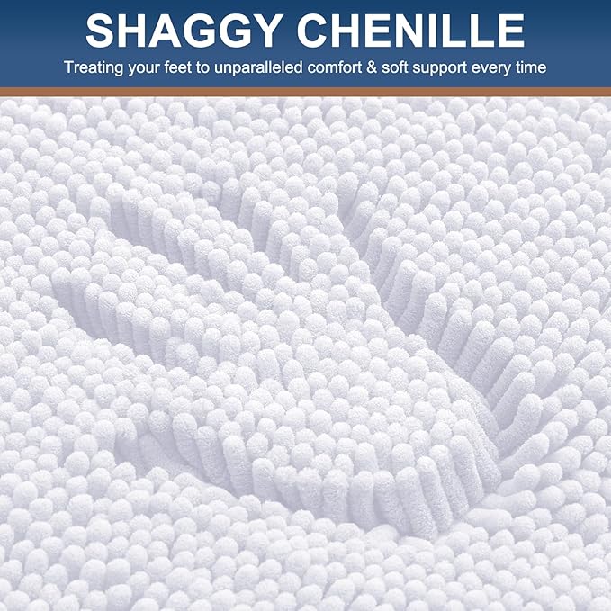 Smiry Luxury Chenille Bathroom Rugs 59x35, Extra Soft and Absorbent Shaggy Bath Mat, Machine Washable, Non-Slip Plush Carpet Runner for Tub, Shower, and Floor, Home Decor Accessories, White
