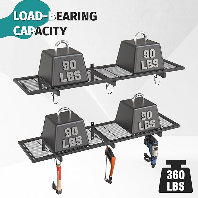 2 Pack Garage Wall Shelving, Heavy Duty Storage Shelves 360 LBS Capacity
