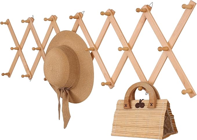 SCUNDA Wall Rack with 20 Hooks, Wooden Wall Expandable Coat Rack