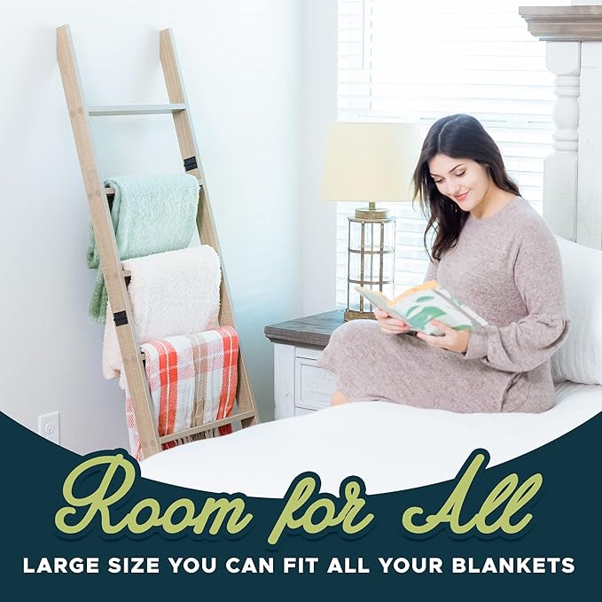 Blanket Ladder for Living Room and Bedroom, 5ft 8 inch, 6-Tier Wall Leaning Laminate No-Snag Construction (Smokey Oak) Rustic Decorative Farmhouse Blanket Storage, Quilt Rack, Ladder Shelf