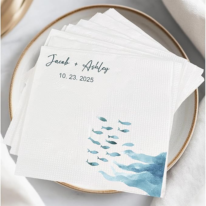 Luxury Custom Cocktail Napkins Wedding, Pack 50 100 150 500 Anniversary Party, Monogram Initials, Rehearsal Dinner Table Decor, Beverage & Luncheon, Saga Green, White Decor Style 1