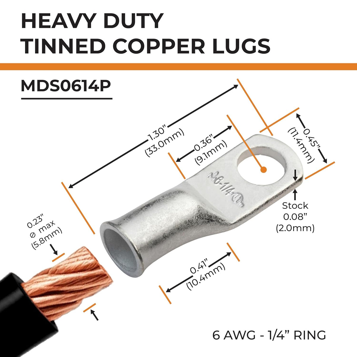 SELTERM 25pcs 6 AWG Marine Grade Tinned Copper Battery Cable Lugs - Durable Ring Terminals for Reliable Connections