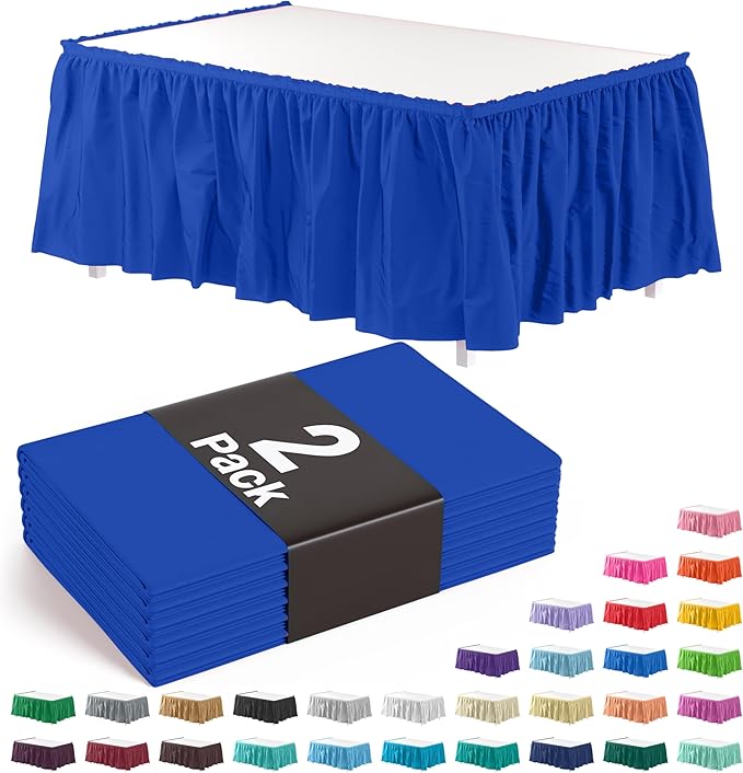 Exquisite Ruffle Table Skirt Dark Blue 2 Pack 14 Ft Long Table Skirts for Rectangle Tables 6ft Plus or Round Tables Skirts with Adhesive Strip for Gender Reveal Decor & Happy Birthday Parties