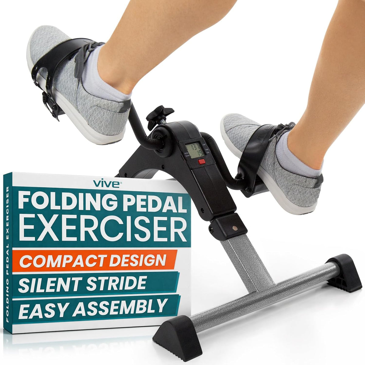 Vive Folding Pedal Exerciser - Under Desk Exercise Bike for Seniors | Mini Stationary Peddler with LCD Display