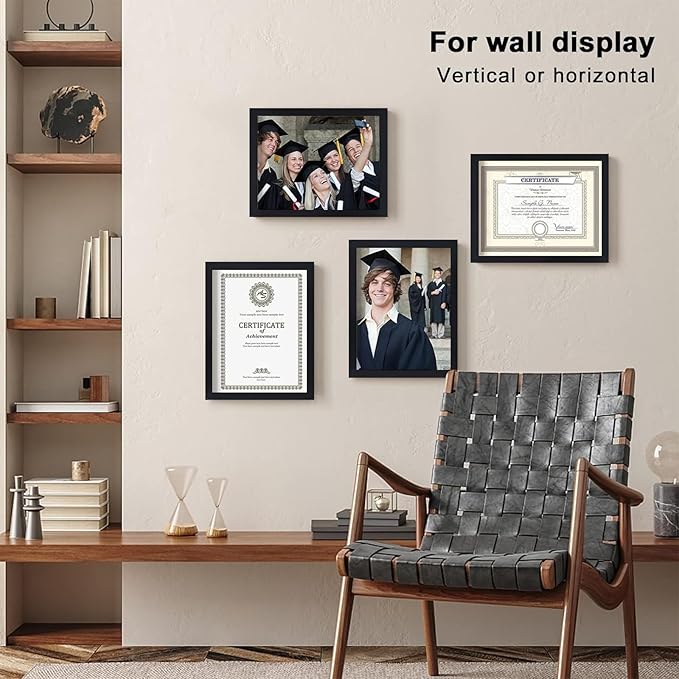 KINLINK 8.5x11 Picture Frames Black, Solid Wood Diploma Frames with Acrylic Plexiglass for Pictures, Certificate Degree Document Frame Tabletop and Wall Display, Set of 4