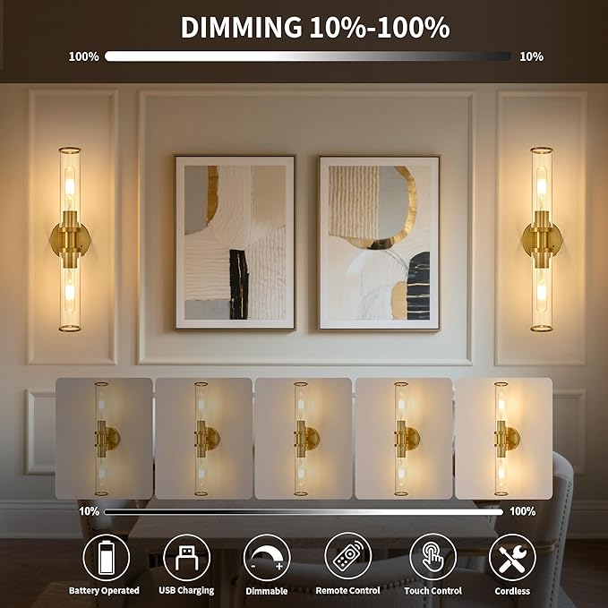 Wireless Wall Sconces with Remote Control, Battery Operated Wall Sconce Set of