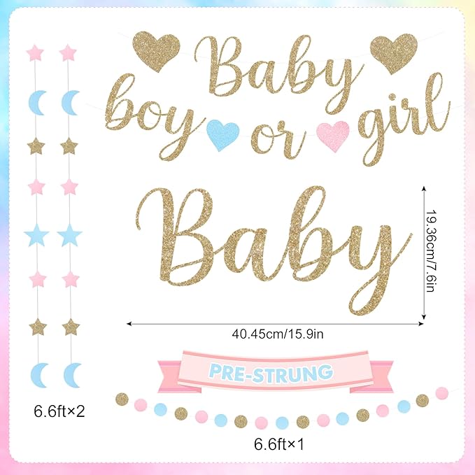 Ouddy Party Baby Gender Reveal Decorations, Pink Blue Sand White Balloons Glitter Boy or Girl Banner Moon Star Circle Garland Paper Tassels Lanterns for Boho Gender Reveal Birthday Party Supplies