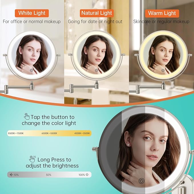 5000mAh Rechargeable Wall Mounted Lighted Makeup Vanity Mirror, Double Sided 1X