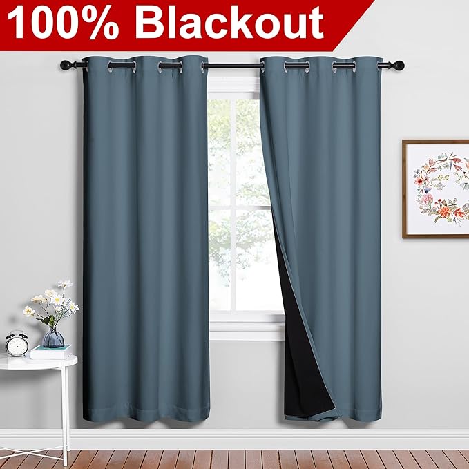 NICETOWN Smoky Blue Full Shade Curtain Panels, Smoky Blue, Pair of Thermal