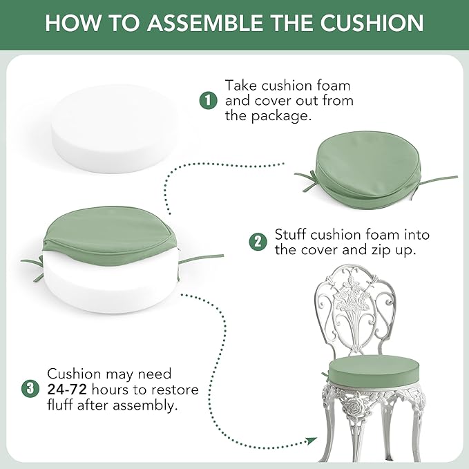 Summsun Outdoor Bistro Chair Cushions Set of 4, 15" D x 3" H Round Chair Cushions Waterproof and Fade Resistant Chair Cushion Pads with Non-Slip Ties and Removable Covers for Garden, Sage Green