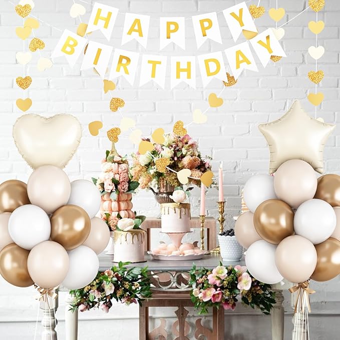 White and Gold Birthday Party Decorations for Women Girls Metallic Gold White Sand Balloon Set with Star Heart Foil Balloons Happy Birthday Bunting Banner Garland Neutral Cream Beige Party Decor Kit