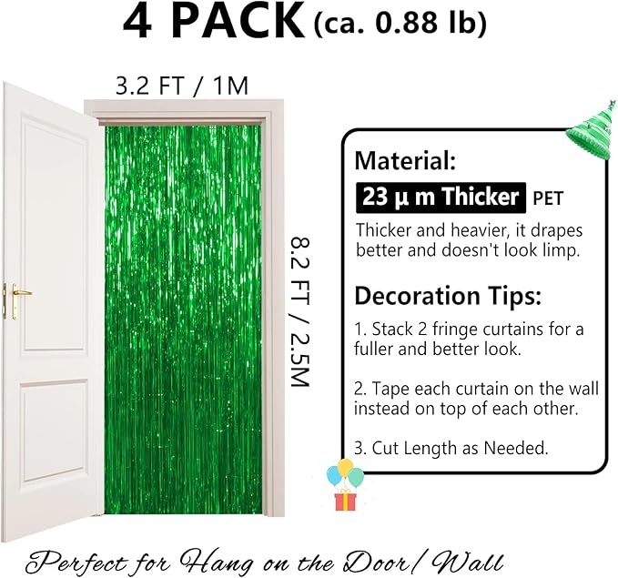 Thicken Green Streamers 4 Pack 3.2 x 8.2 FT, Tinsel Backdrop Curtains, Foil Fringe Photo Backdrop for Birthday, Dinosaur, Football, Jungle, Christmas, Golf Party Decorations
