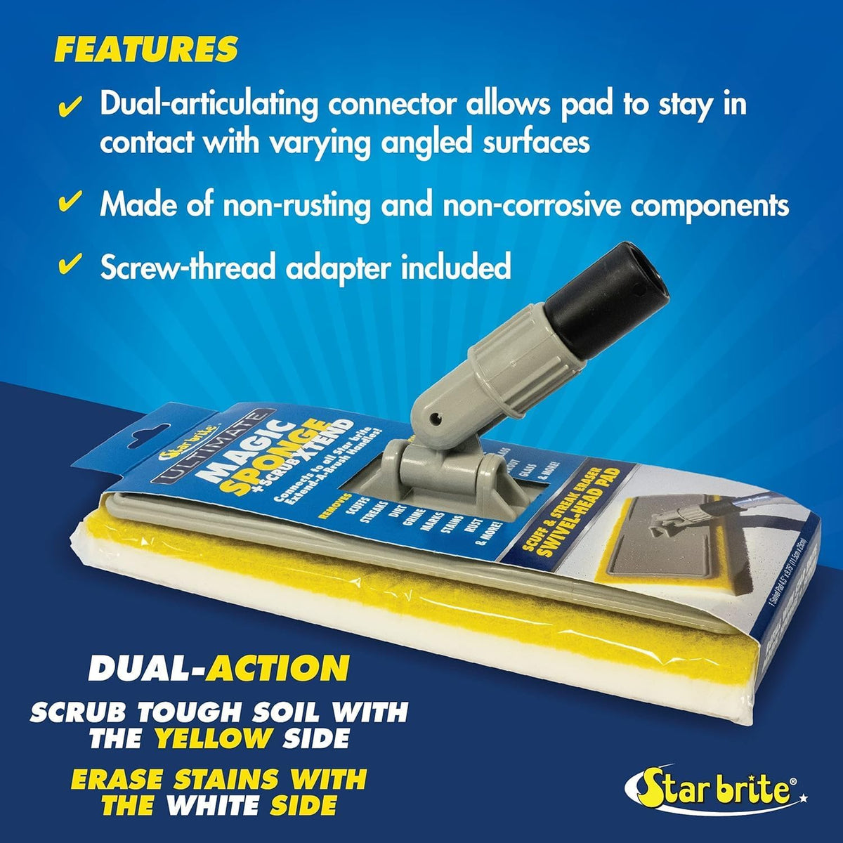 STAR BRITE Ultimate Magic Sponge - Dual Articulating Flex Head Scrubber with 5'-10' Extending Handle