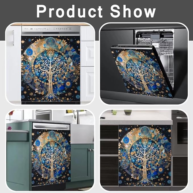 Tree of Life Dishwasher Magnet Cover Vinyl Fridge Panel Decal, Mandala Style Magnetic Refrigerator Front Door Cover, Tree of Life Cabinet Sticker for Home Appliance Decor (23" W x 26" H Magnetic)