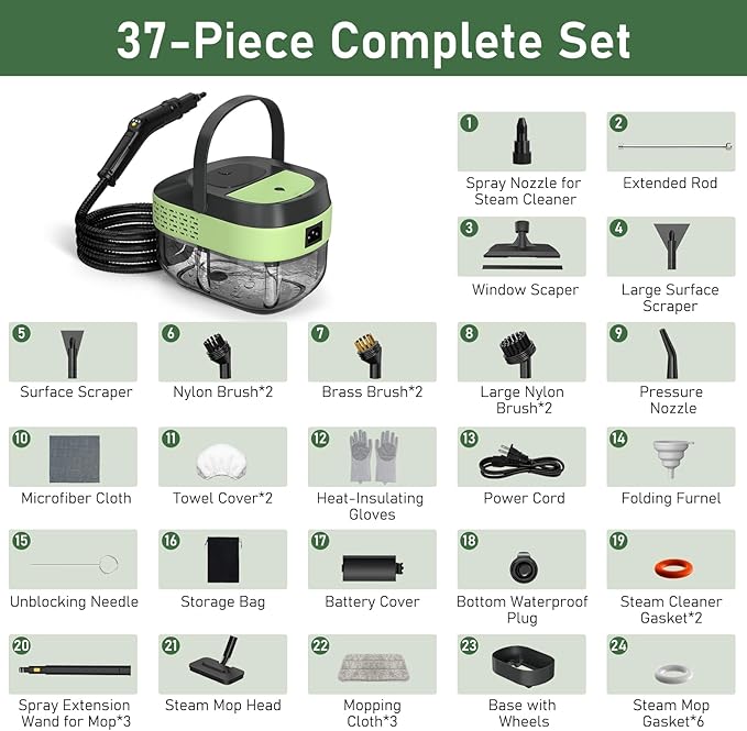 14 IN 1 Steam Mop Cleaner, 1.6L Detachable Handheld Steam Cleaner with 37 Accessories, 2500W Multipurpose Steamer Cleaning for Home,Floors,Tile,Grout,Upholstery,Carpet,Car,15S Fast Heat-Up